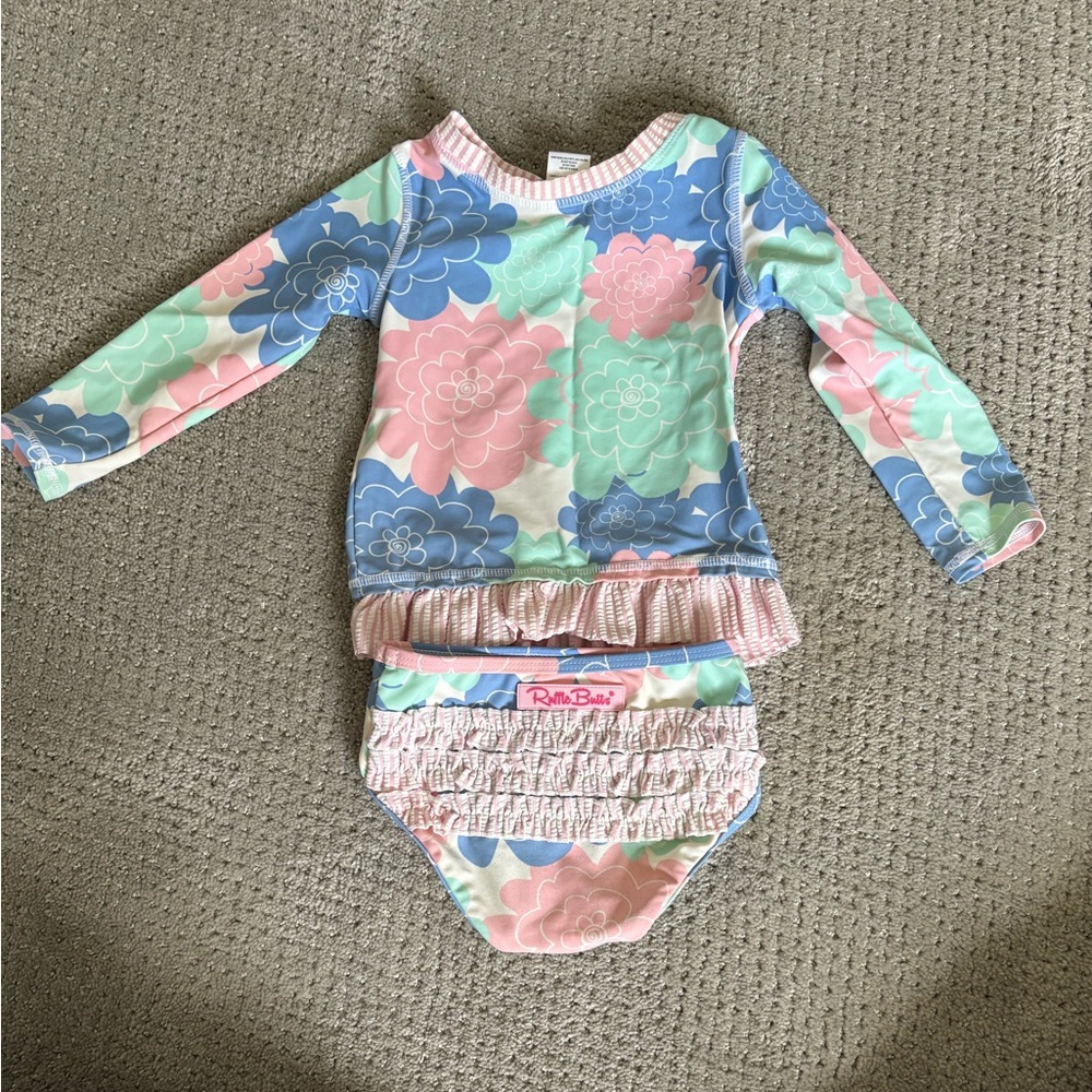 Ruffle Butts Blue and Pink Rashguard Swim Set